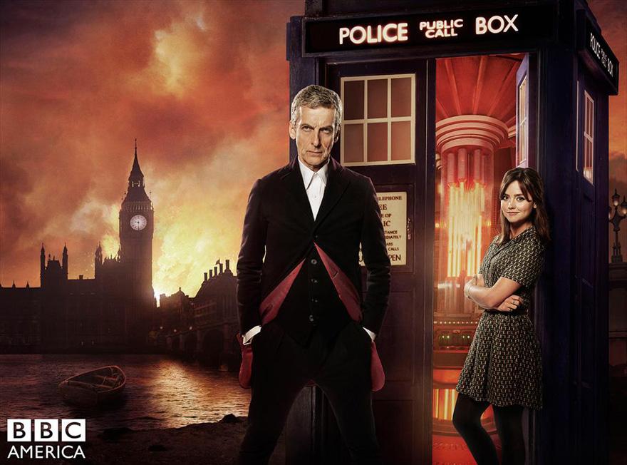 Peter Capaldi (The Doctor) and Jenna Coleman (Clara) looking mature in their season eight promotional picture. 