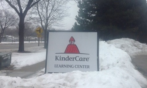 The Kindercare sign immediately across the street from Winston Campus is still visible through the snow