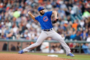 Chicago Cubs starting pitcher Jake Arrieta works against the San Francisco Giants in the first inning at AT&T Park in San Francisco on Tuesday, Aug. 25, 2015.