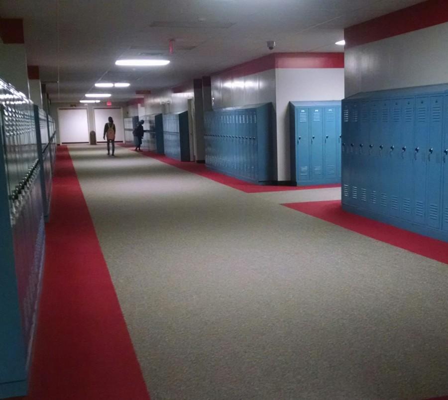 An early morning view of Palatine High Schools English hallway.