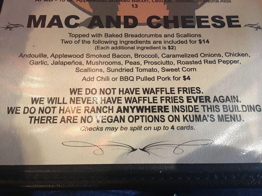 Kumas Corner has unique burgers, but NO waffle fries.