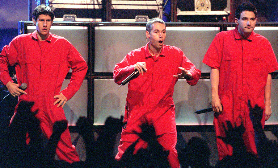 In this September 10, 1998 file photograph, the Beastie Boys perform at the MTV Video Music Awards. Adam Yauch, center, has died, Friday, May 4, 2012, according to Rolling Stone magazine. He was 47. 
