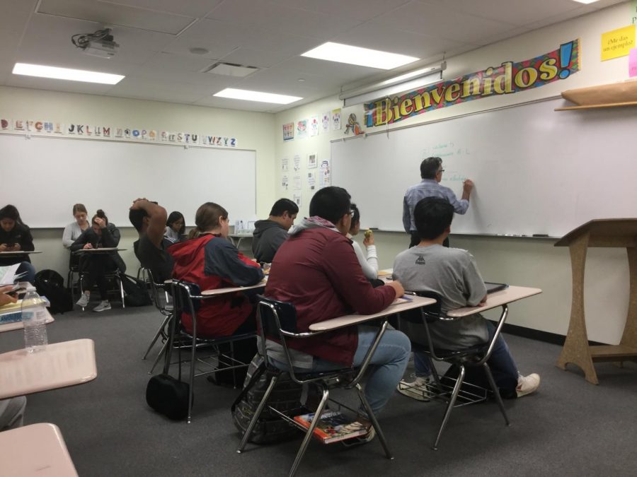AP Spanish students prepare for a conversational Spanish simulation.