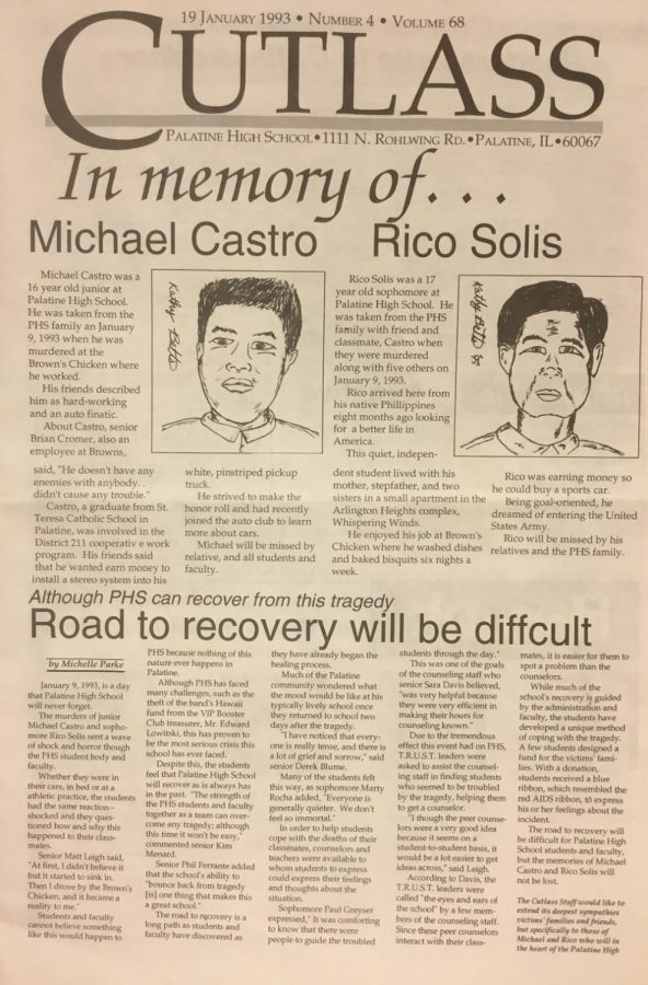 Front page from the Jan 1993 edition of the Cutlass covering the Browns Chicken massacre.