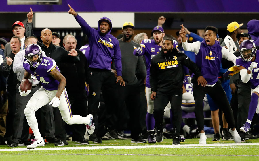 Minnesota Vikings receiver Stefon Diggs scores a 61-yard touchdown to win the game against the New Orleans Saints on January 14, 2018, at U.S. Bank Stadium in Minneapolis.