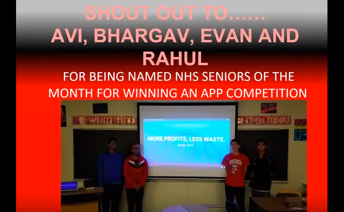 Screen shot of PTV's Shoutout video from Jan 12, 2018 showing seniors Bhargav Yadavalli, Aviral Saxena, Evan Eckels, and Rahul Gudivada presenting their app.