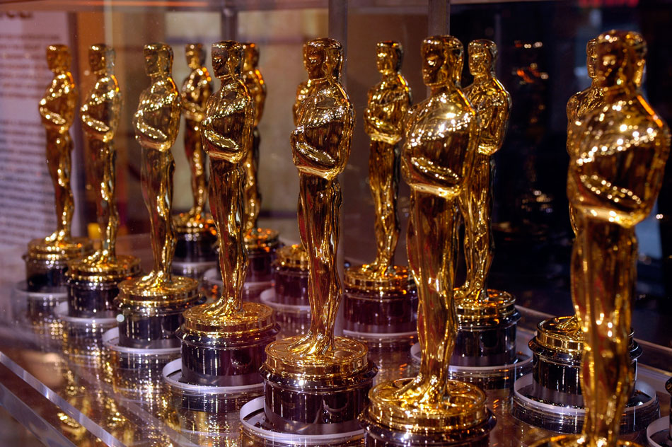Oscar statuettes that will be presented to winners at an Academy Award presentation are displayed at