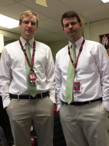 PHS science teachers Thomas Miller (left) and Ryan Hall pose in matching work attire. 