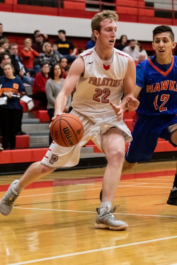 Sophomore Ben Storm drives past a guard in a game against Hoffman Hawks. Pirates won the game 54-46.