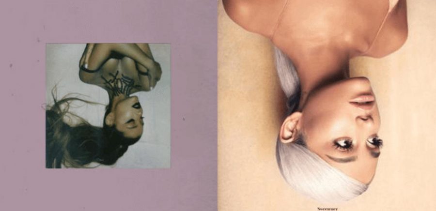 “thank u, next” (left) and “Sweetener” (right) clearly portray each album’s starkly different overall tone.