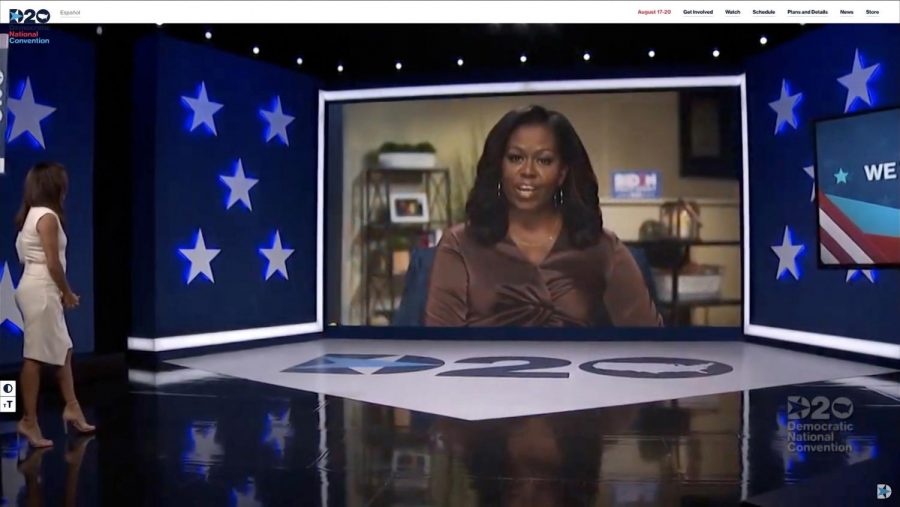 In this screenshot from the DNCC’s livestream of the 2020 Democratic National Convention, actress and activist Eva Longoria, left, introduces Former First Lady Michelle Obama to address the virtual convention on Aug. 17, 2020.