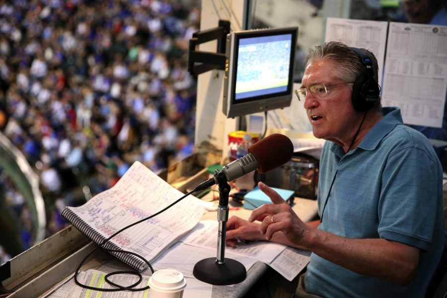 Chicago Cubs radio broadcaster Pat Hughes works a game between the Cubs and the Milwaukee Brewers at Wrigley Field in Chicago on September 15, 2016.