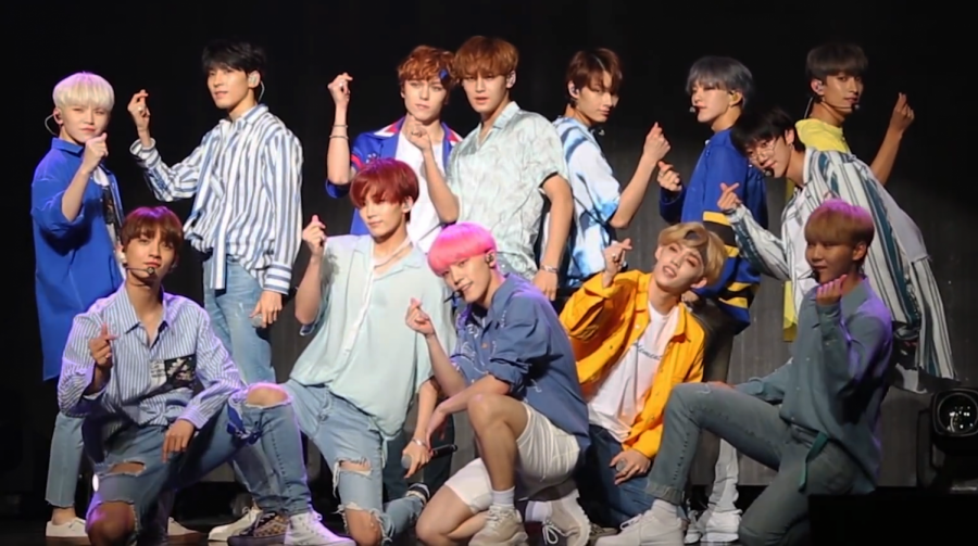 Seventeen performing Oh My! in July 2018
Top row: Woozi, Wonwoo, Vernon, Mingyu, Jun, Hoshi, The8, and DK
Bottom row: Joshua, Jeonghan, Dino, S.Coups, and Seungkwan