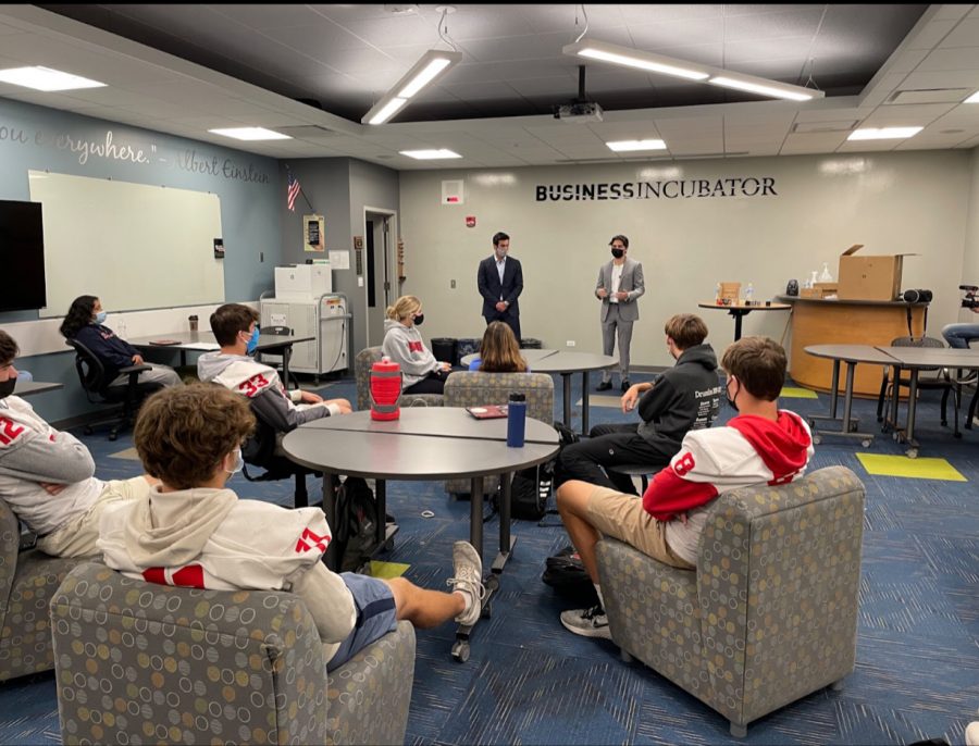 Palatine High School Alumni, and co-founders of DeoBlock, Anthony Tamaras [left] and Drake Roberts [right] return to PHS to tell students about their journey in entrepreneurship.