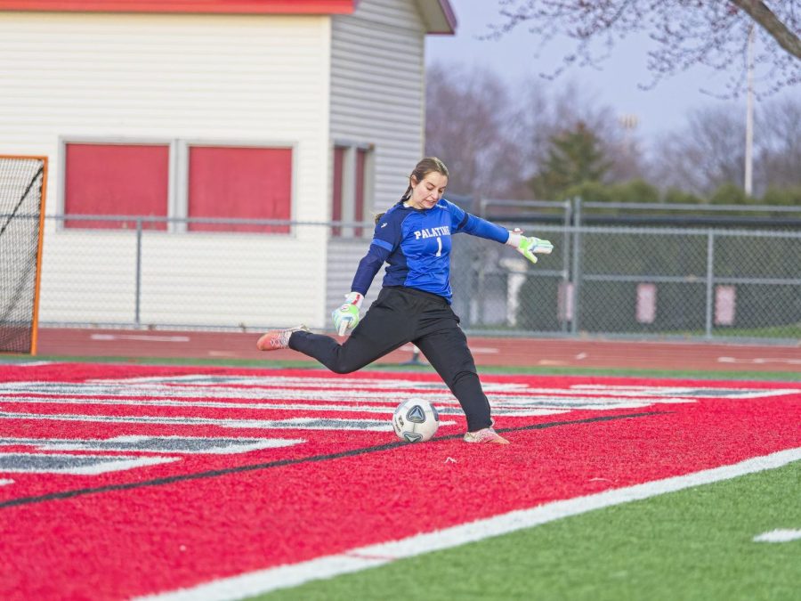 Varsity sophomore soccer player Kate Latek kicks the ball from PHS the goal box. This photo is from an earlier game played by the Pirates this year.