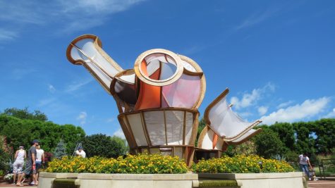 ADSILA by Juan Angel Chavez stands in the center of Heritage Garden. The piece signifies time and change by using recycled materials.