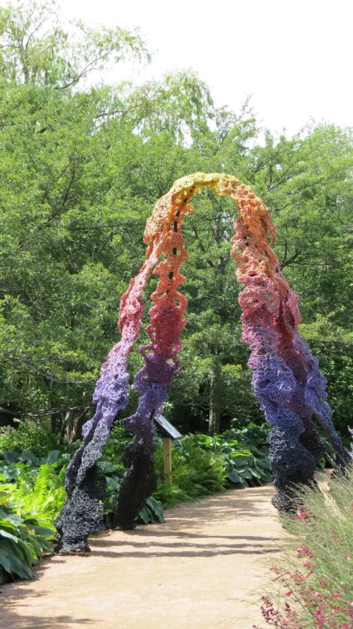 Plasticus porticus by Cody James Norman uses plastic recycled from the Chicago Botanic Gardens to create a recycled arch for the Evening Island path.