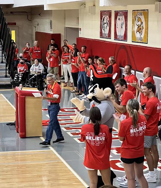 The pep assembly at Palatine High School began with a few words from one of the schools student supervisors (Mckenna Smith 2022). 
