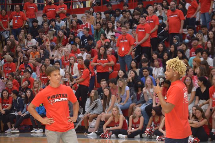 The red ryders of Palatine High School introduce themselves to large student gathering (Shawn Adler 2022).