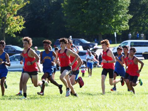 Cross Country runners sprint across the field as races start.