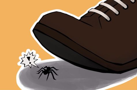 A shoe begins to step on a spider as it roams the ground it walks on. Digital illustration by Megan Cox.