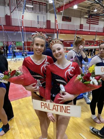 Senior Riley Strahl and freshman Jolee Waddington reprent Palatine High School at this years state gymnastics competition.