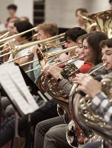 As part of the horn section, Palatine musicians play together for the first time with new music.