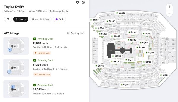 Re-sale tickets for Taylor Swift's "The Eras Tour" for a Nov. 1, 2024 concert, 6 hours prior to the concert. (Screenshot via SeatGeek)