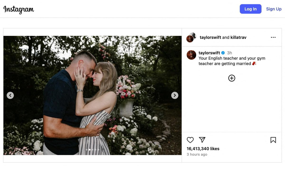 A screenshot of Taylor Swift and Travis Kelce's engagement announcement on Instagram, showing Kelce proposing to Swift.