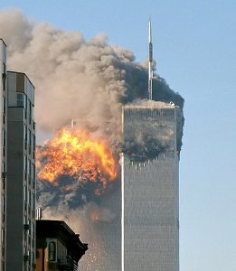 The northeast face of Two World Trade Center (south tower) after being struck by plane in the south face. 

This file is licensed under the Creative Commons Attribution-Share Alike 2.0 Generic license.