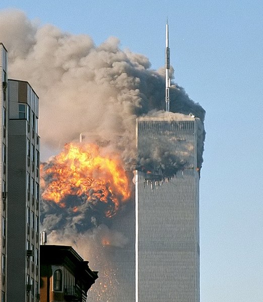 The northeast face of Two World Trade Center (south tower) after being struck by plane in the south face. 

This file is licensed under the Creative Commons Attribution-Share Alike 2.0 Generic license.