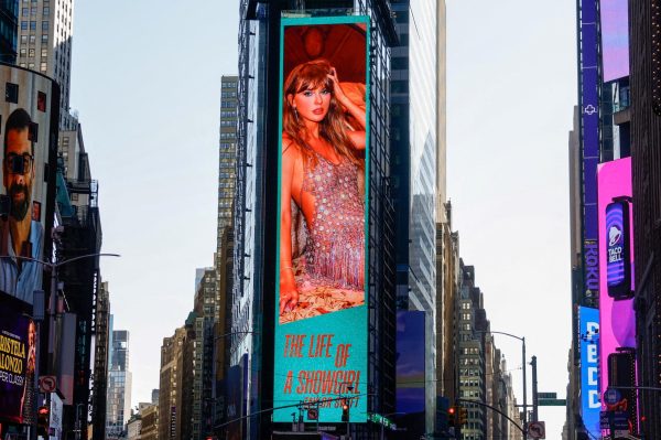 A billboard advertising Taylor Swift’s "The Life of a Showgirl" in Times Square in New York City.