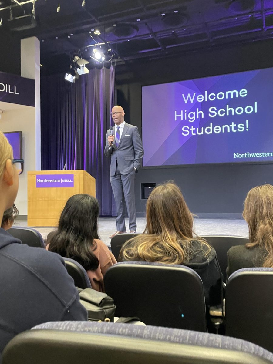 Medill Dean Charles Whitaker talks to the audience about the importance of journalism today. 