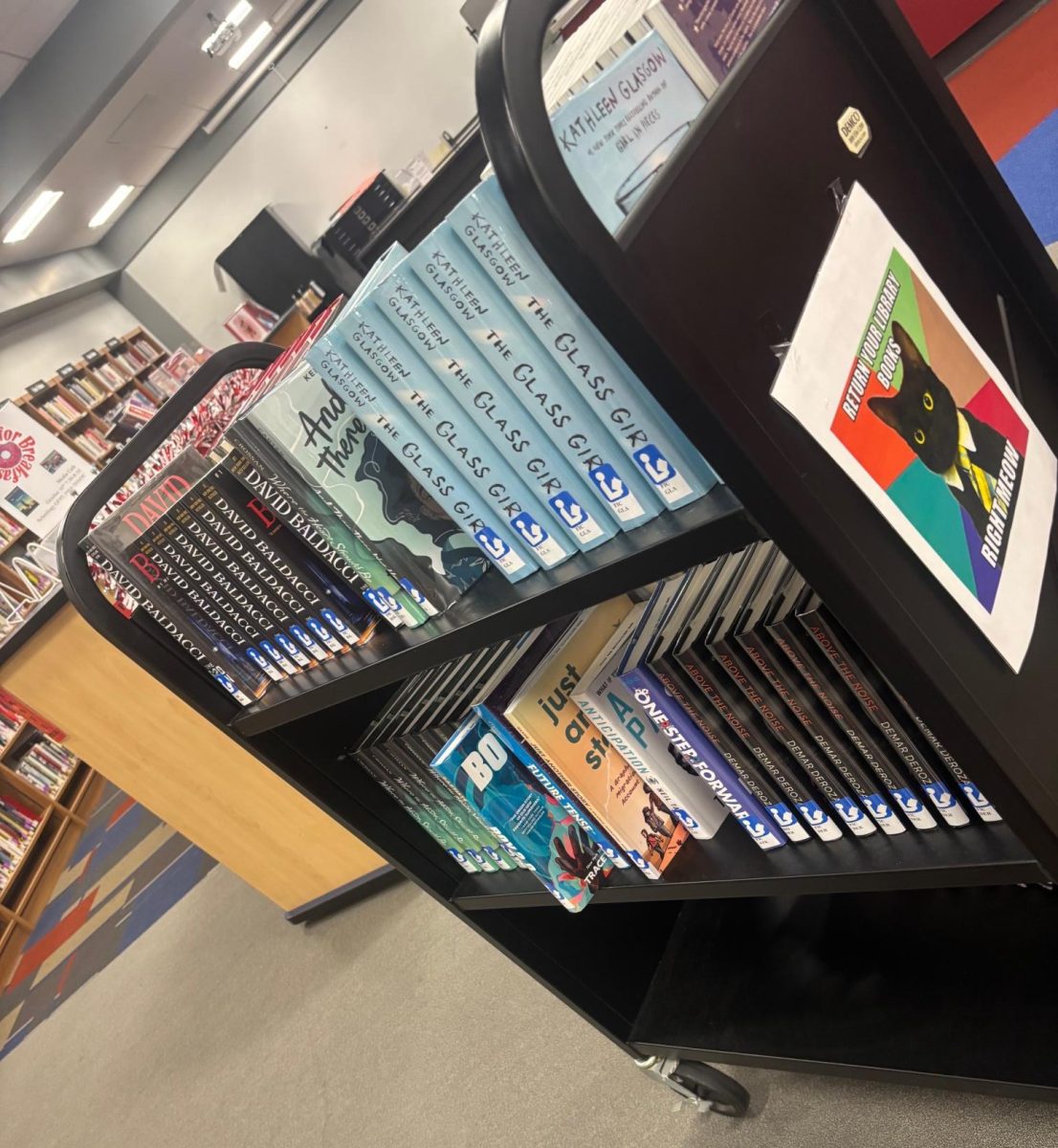 The shelf that holds the 2026 school year Pirate Picks. Multiple copies are available for many students to check out.