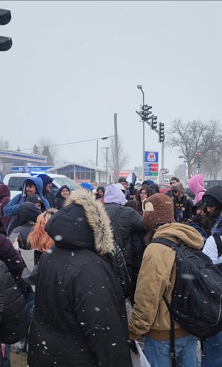 Students from across Township High School District 211 gather at the intersection of Dundee Road and Arlington Heights Road during a district-wide walkout protesting ICE raids.