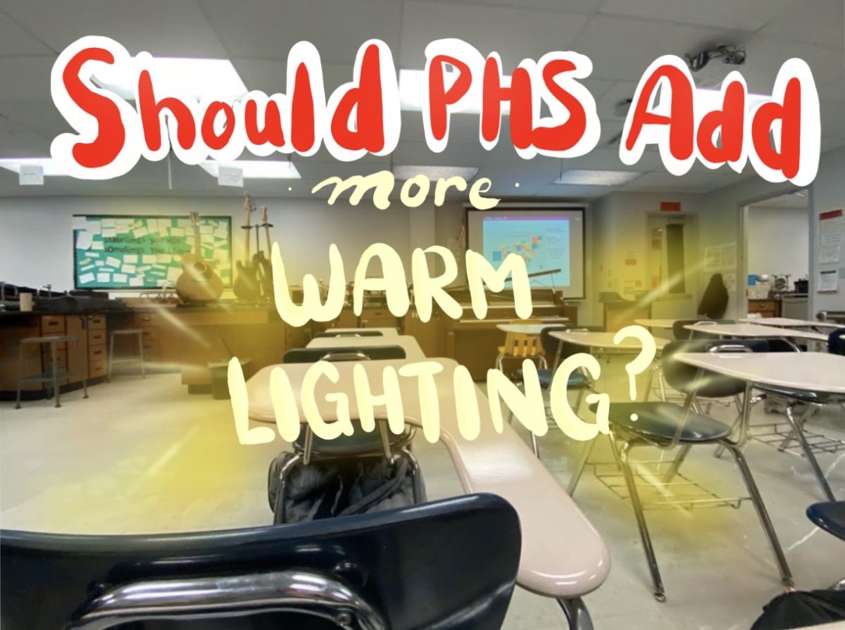 Palatine High School physics classroom, pictured, contains many bright white overhead lights.