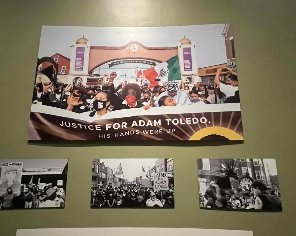 Display showcasing the Latinx community in Little Village protesting for Adam Toledo in 2021.