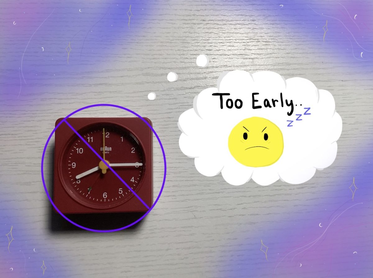 Alarm clock set at 8:15, Palatine High School daily start time is disliked by the tired emoji, representing students who believe it is too early.
