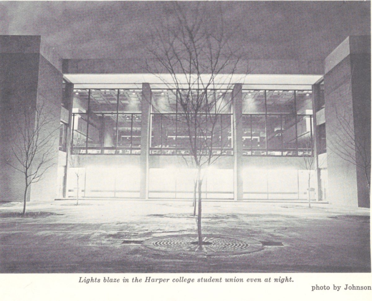 A photo by Dian Jenkins in a 1970 edition of Cutlass shows one of Harper's main buildings lit up at night.