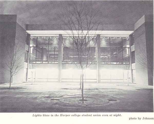 A photo by Dian Jenkins in a 1970 edition of Cutlass shows one of Harper's main buildings lit up at night.