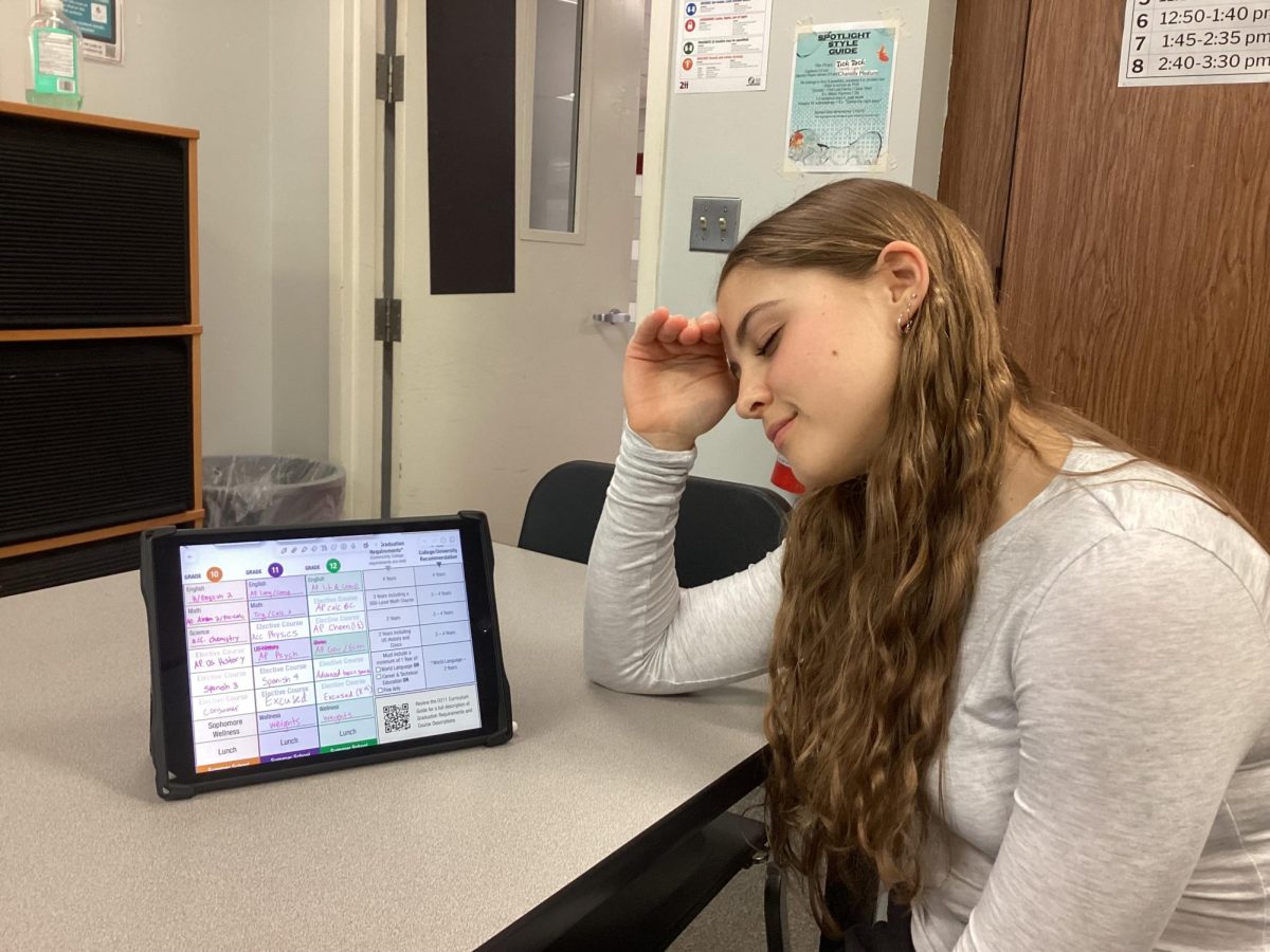 Junior Emily Wheeler expresses frustration while viewing her four year plan that might be effected by scheduling changes.
