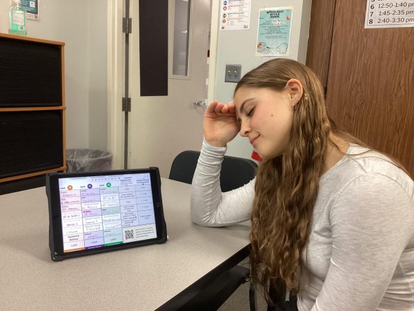 Junior Emily Wheeler expresses frustration while viewing her four year plan that might be effected by scheduling changes.