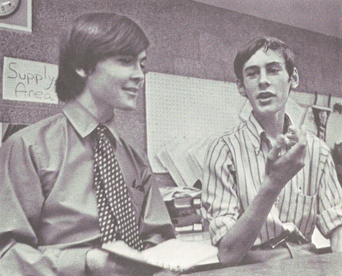 Students Stephen Lyons and Joel Davenport discuss President Nixon’s policies after his 1970 visit, showing how classroom political debates have long shaped civic engagement.