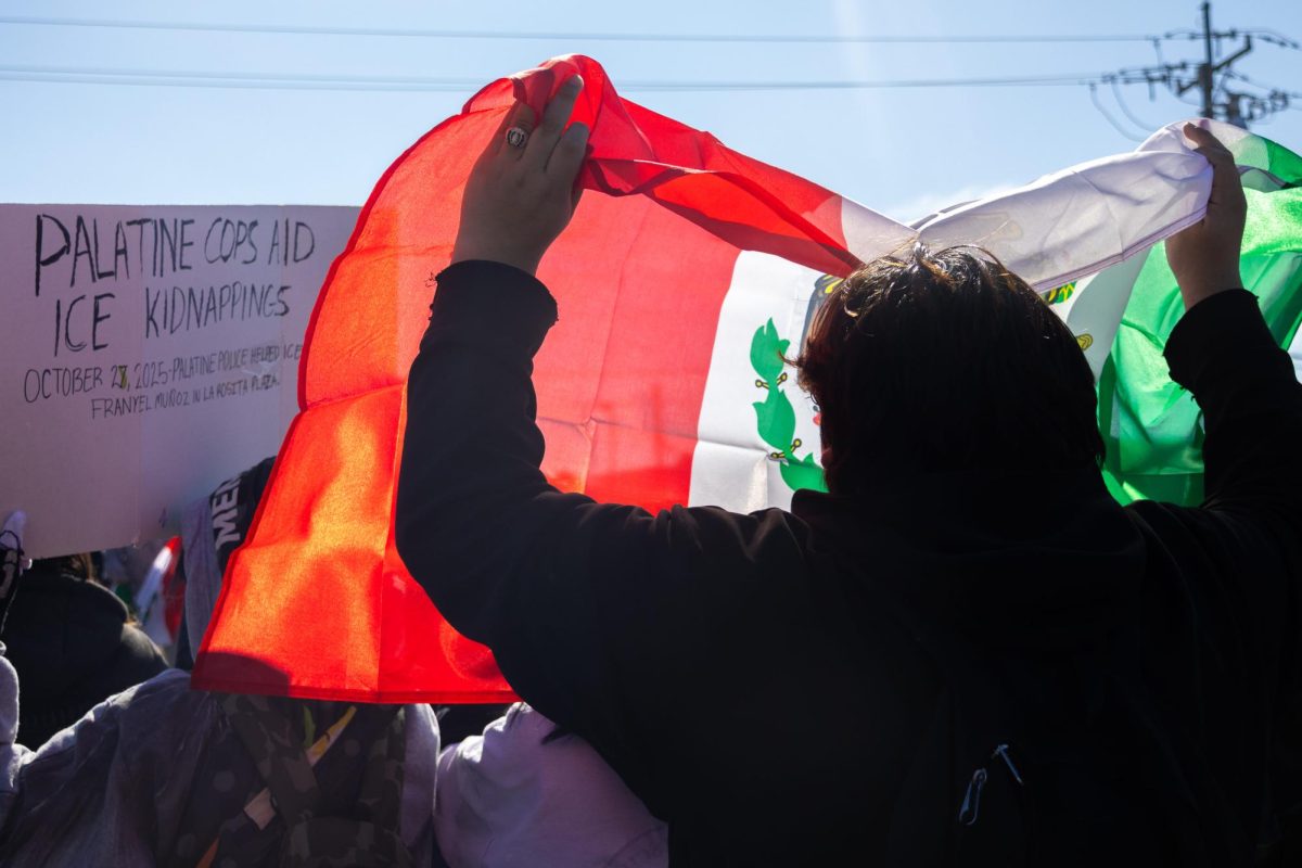 Students march after walking out of school, carrying signs and a Mexican flag to protest ICE. One sign references an Oct. 27, 2025 incident in which a Palatine police officer assisted federal agents during an immigration arrest outside a shopping plaza on E. Dundee Road.