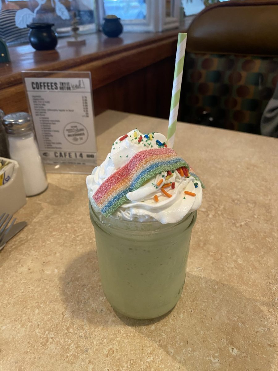 Festive mint milkshake served at Cafe 14 in Palatine.

