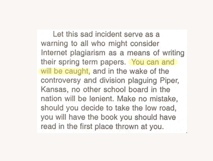 Opinions article warning Palatine students in the 2000s of the risks of plagiarism.